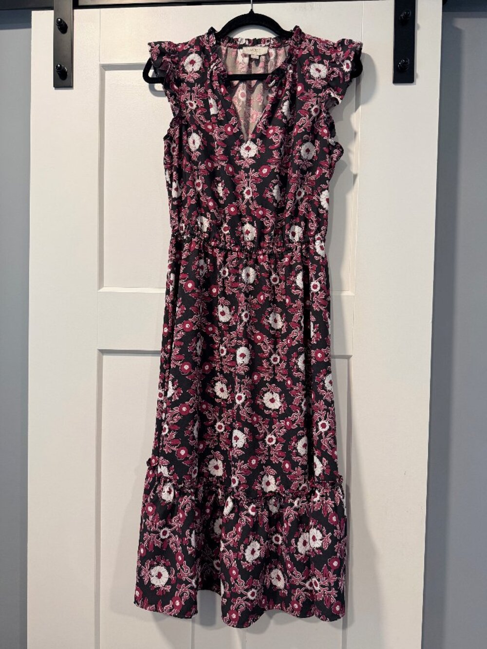 LOFT Pink, White & Black Floral Midi Dress